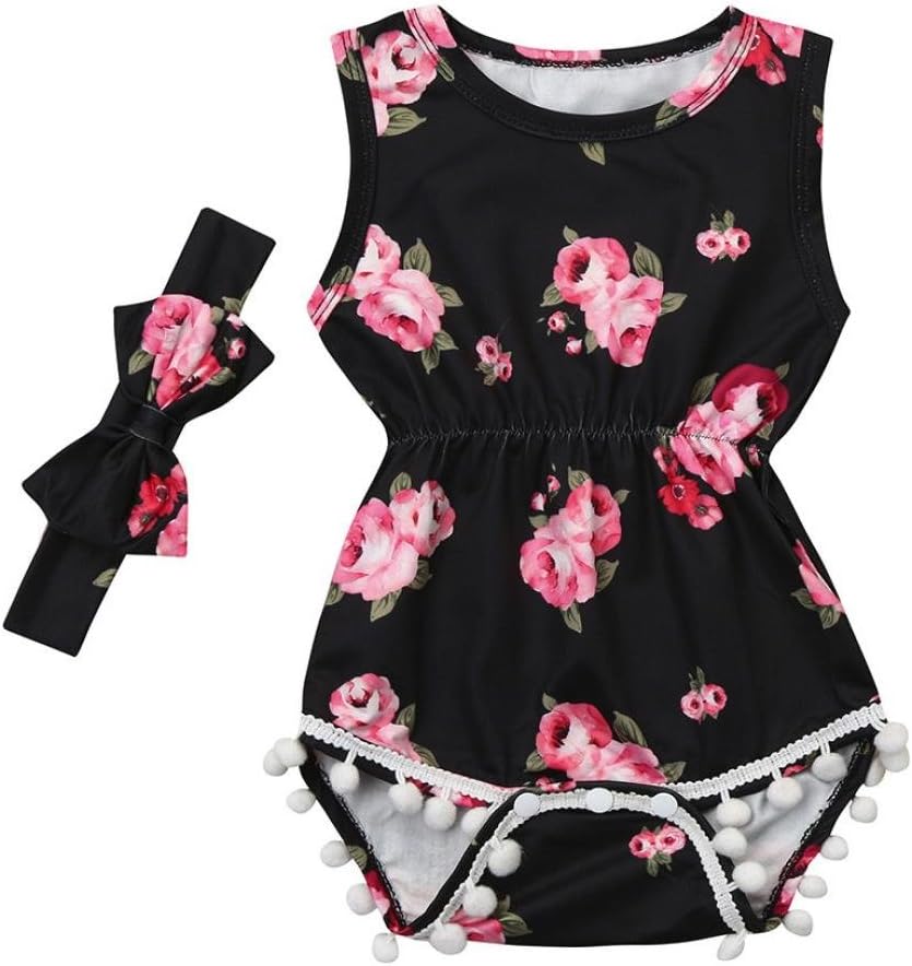 Vicbovo Clearance Sale!! Summer Baby Infant Girl Romper Floral Sleeveless Tassel Bodysuit Headband Clothes Outfit