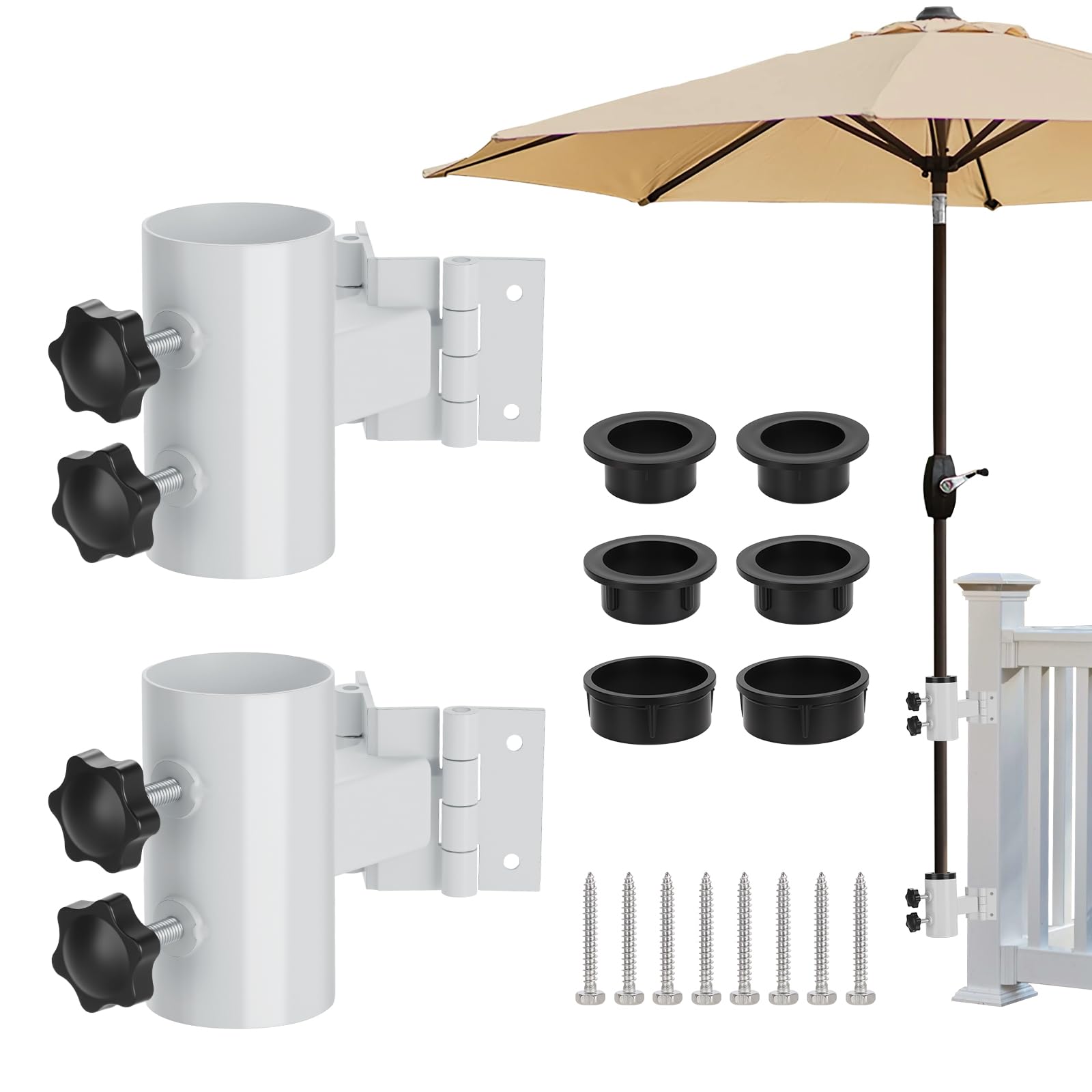 Photo 1 of Stainless Steel Deck Umbrella Mount - Fits Flat/Right-Angle Surfaces, Patio Umbrella Holder for Deck Railings (Up to 2" Umbrellas), Outdoor Umbrella Stands (2PCS, White)