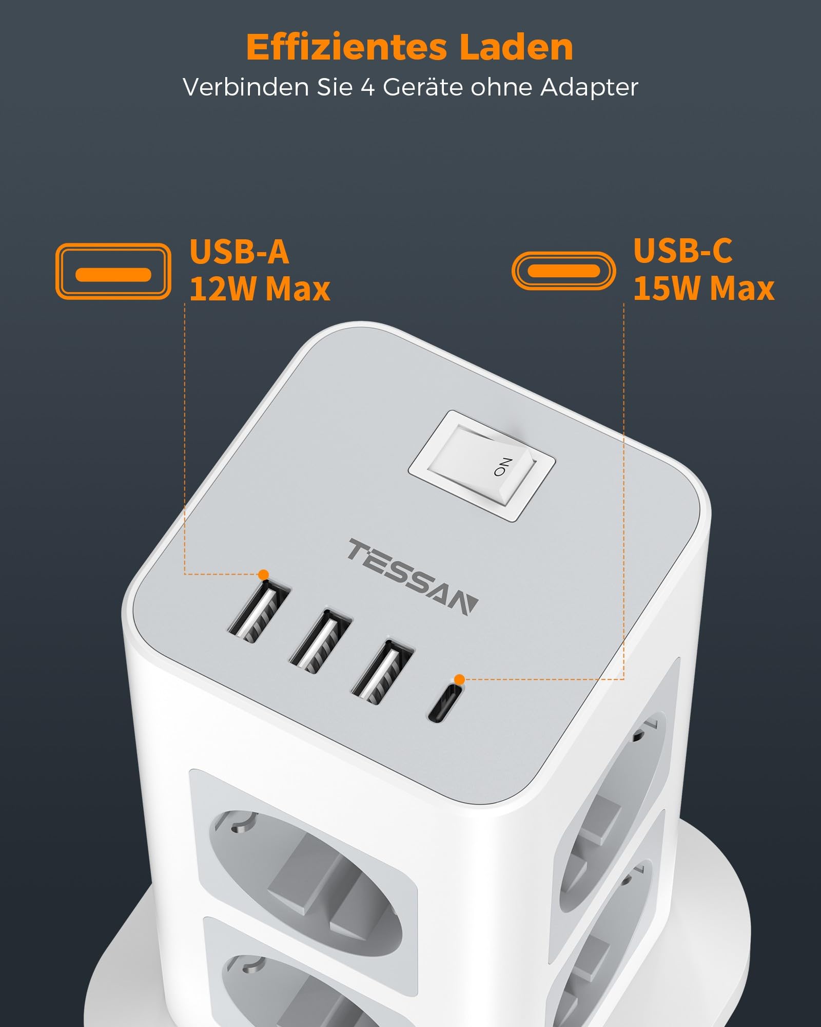 TESSAN 8 Fach Mehrfachsteckdose mit USB C, Verlängerungskabel 5M mit 4 USB und Steckdosenleiste Überspannungsschutz, 3600W Steckdosenturm mit Schalter, Steckdosenwürfel für Büro, Grau 3