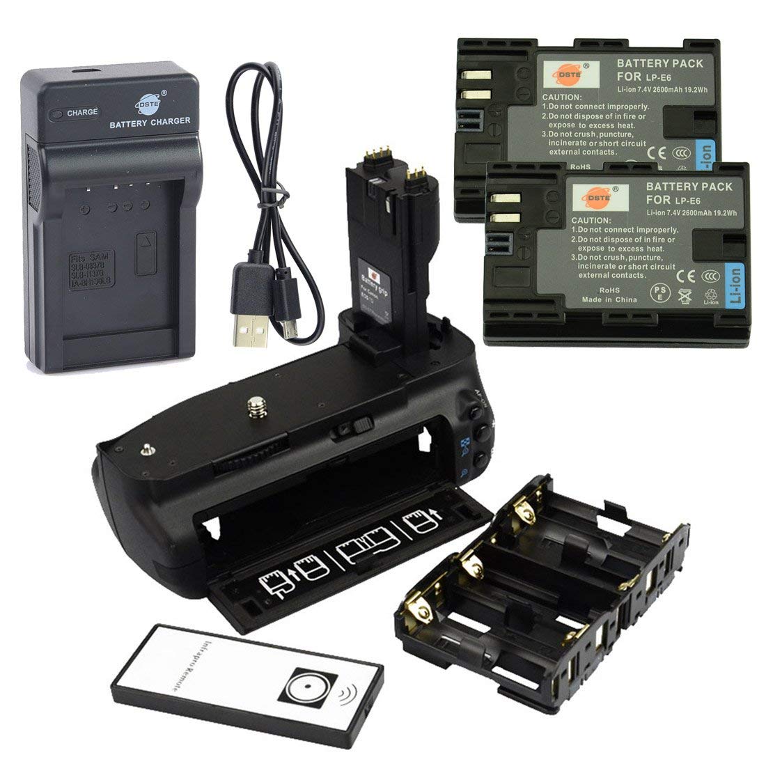 DSTE IR Remote BG-E7H Battery Grip + 2x LP-E6 Battery + USB Charger for Canon EOS 7D