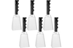 6 Pcs Metal Cowbell with Handle, FOVERN1 Large Loud Cow Bells Noise Makers for Football Games, Sporting Events, New Year’s Eve, Celebrating and More (White)