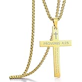 Rehoboth Stainless Steel Cross Pendant Necklaces Bible Verse Proverbs 4:23 Pendant for Men or Women Chain 24 Inch Black Gold Silver