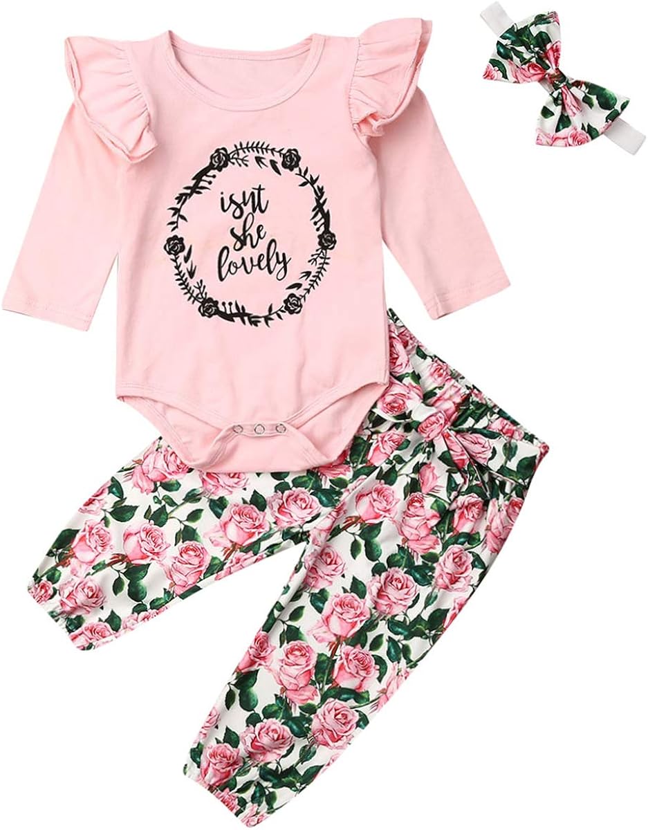 Newborn Baby Girl Clothes Isnt She Lovely Outfit White Romper Bodysuit Tops Floral Pants Set with Headband Hat 4Pcs Clothing
