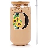 Initial Glass Cups Sunflower with Bamboo Lids and Straws,16oz Iced Coffee Mug Tumbler,Monogrammed Birthday Gifts Mother's Day Sunflower Gifts for Women,Mom,Friend,Sister