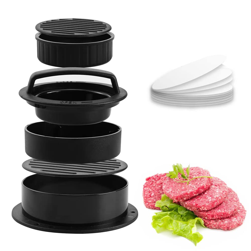 Hamburger Press Patty Maker, 3 in 1 Non-Stick Burger Press with 100 Pcs Wax Paper Making Perfect Shaped Burgers