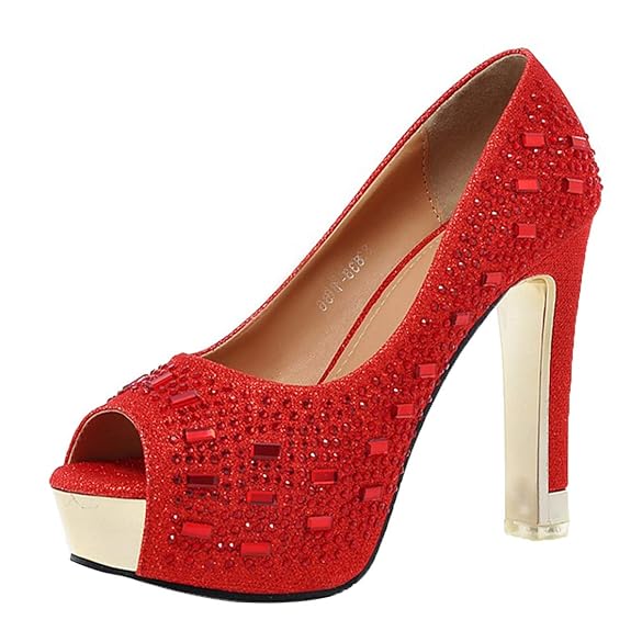 AIYOUMEI Damen High Heels Peeptoe Pumps Blockabsatz Glitzer Brautschuhe mit Strass Schuhe