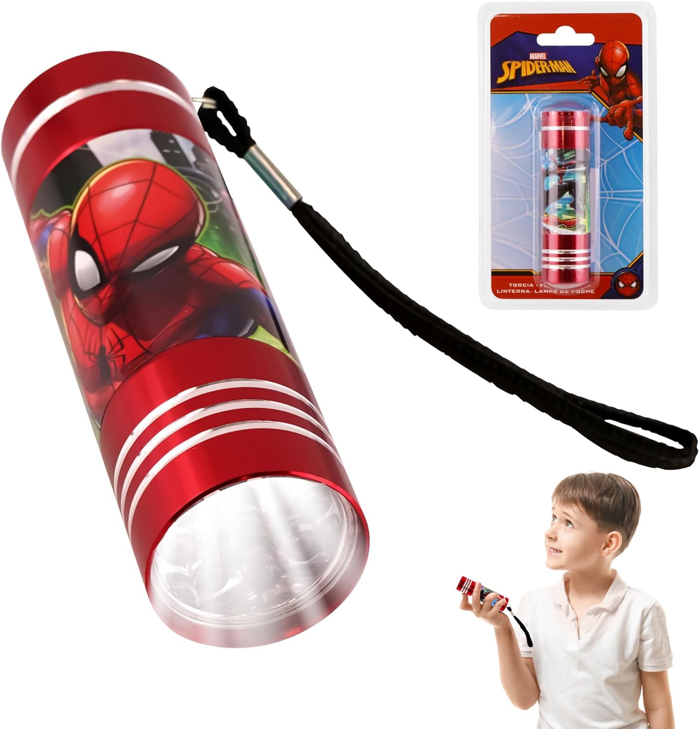 Spiderman Aluminium Torch for Kids, Red Water Resistant Flashlight, Best LED Night Light Torch for Travel, Xmas, Birthday and Thanksgiving 3+ Years | 8.7cm