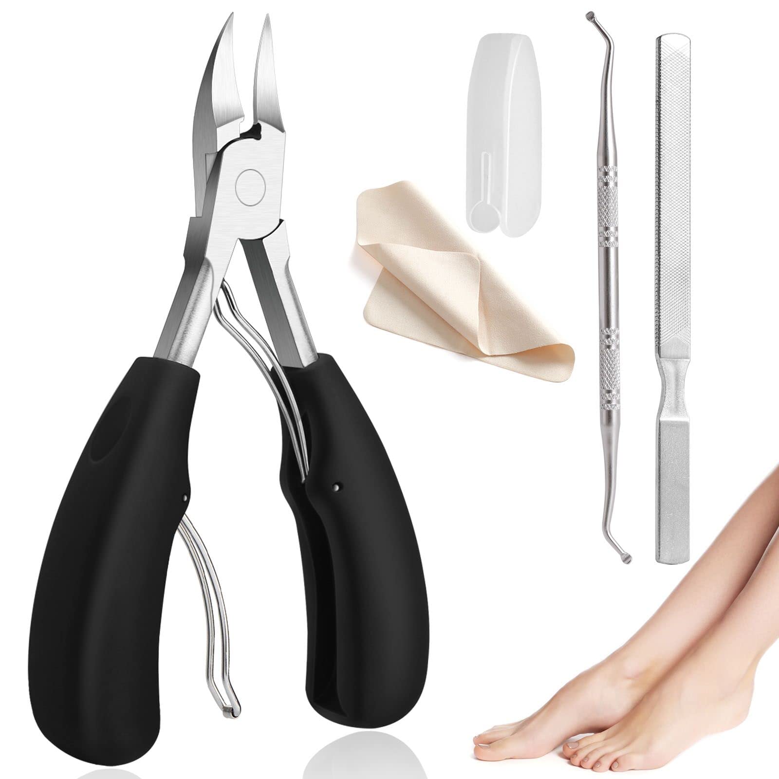 Toenail Clippers for Thick Nails, Azymi Ingrown Toenail Clippers 3Pcs Set Toenail Scissors with Nail File& Cleaning Cloth, Sharp Curved Blades/Wide Jaw Opening/Soft Handles