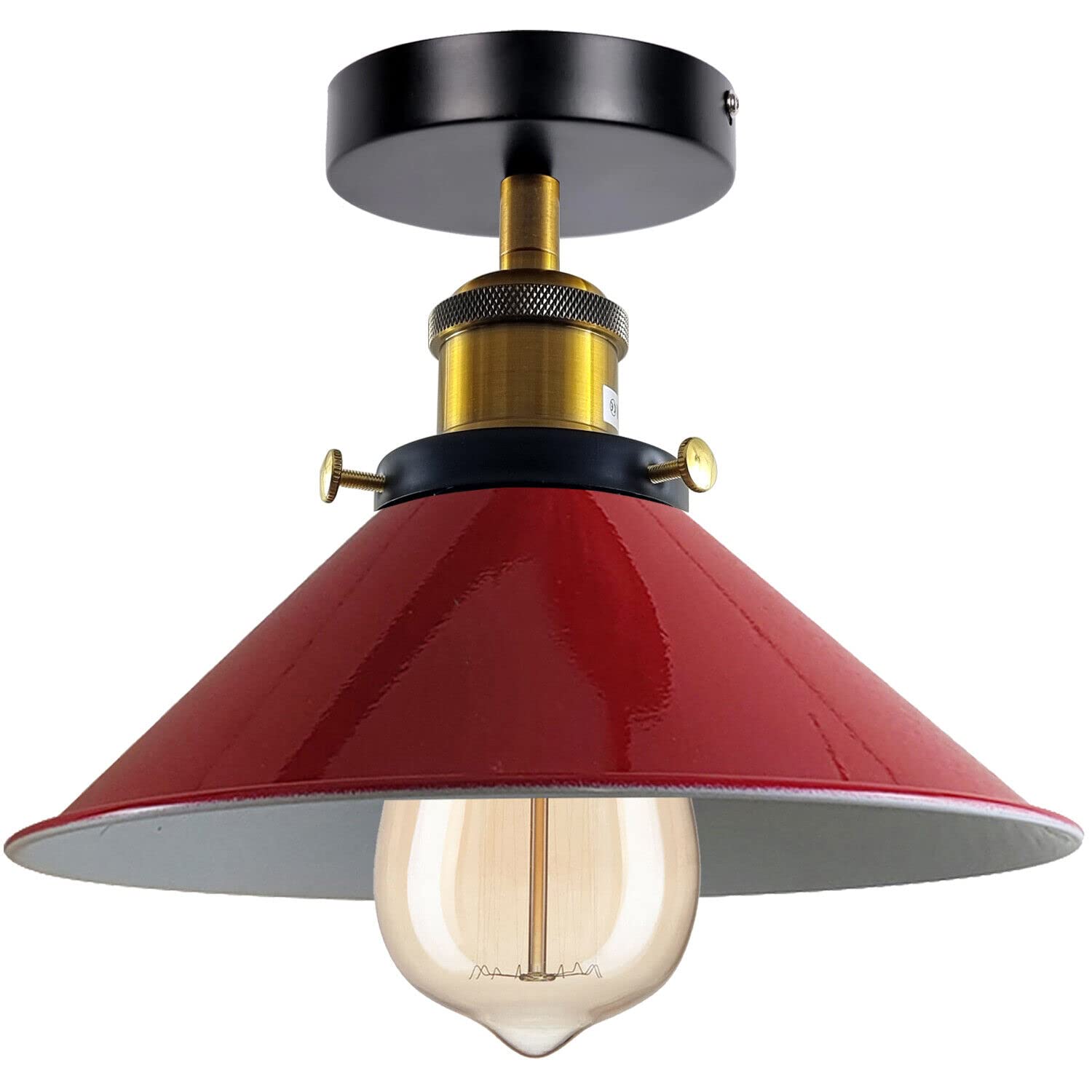 Semi Flush Mount Ceiling Lamp 22cm Red Cone Lampshade with E27 Base Holder Vintage Ceiling Lighting for Livingroom Bedroom Kitchen Hallway Without Bulb