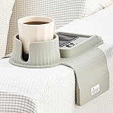 Couch Cup Holder Tray, Elimiko Silicone Sofa Drink Holder with Large Cup Holder and Tray, for Oversized Mugs/Long Remote/Snacks/Cellphone (Griege)