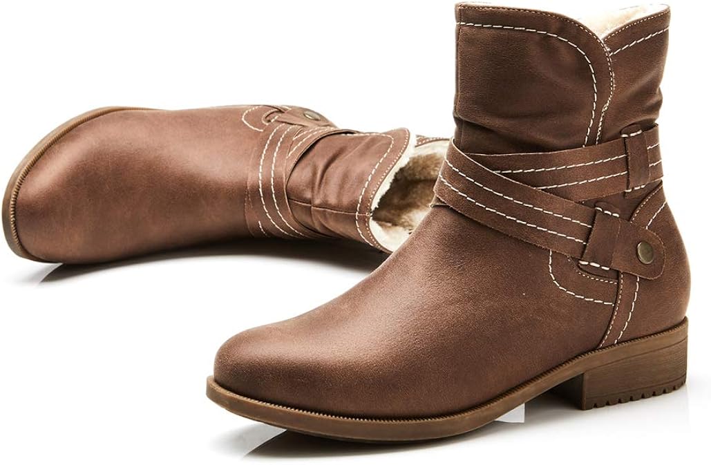 VJH confort Women's Mid Calf Boots, Round Toe Fur Lined Slouchy Booties with Cross Straps Side Zipper