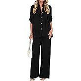 KIRUNDO Two Piece Sets for Women Spring Outfits 2026 Summer Dressy Casual Button Down Shirt Wide Leg Pants Lounge Set