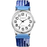 Lancardo Braided Elastic Strap Watch: Analog Quartz Blue White Arabic Large Dial Casual Watch for Men Women Easy-to-Read