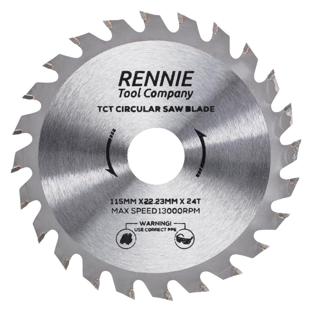 Rennie Tools 115mm Circular Saw Blade TCT Wood Cutter Blade. 24 Teeth (24T) Carbide Tipped Saws for Woodworking Wood Cutting 7/8 inch (22.23mm) Bore + 20mm and 16mm Reduction Rings.