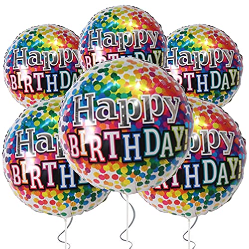 Happy Birthday Foil Balloons GENERISE 18” Inch Round Self Inflating Helium Party Balloons with String & Straw - 6 Pack (Design 19)
