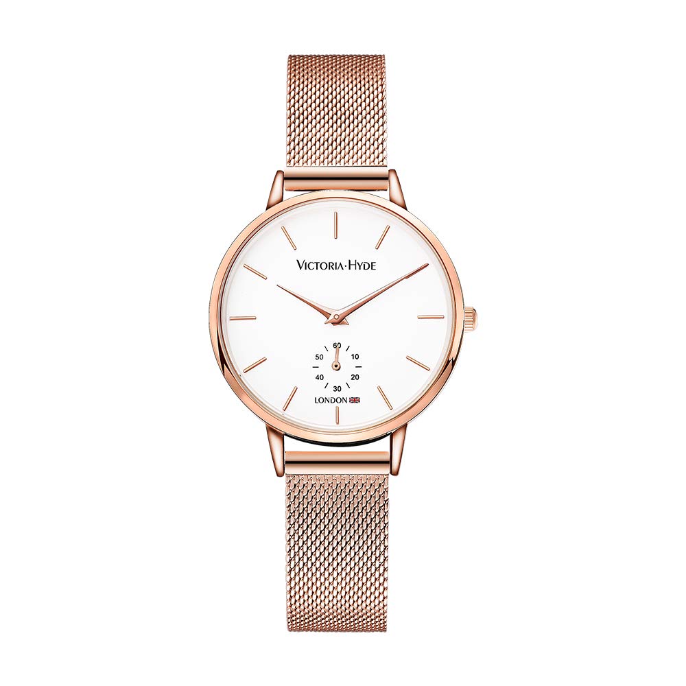 VICTORIA HYDE Fashion Elegant Women Watch with Clear White Dial Analog Quartz Stainless Steel Mesh Band