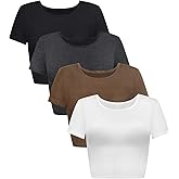 Syhood 4 Pack Summer Crop Tops for Women Basic Tight Short Sleeve Cute Trendy Scoop Neck Crop Tops for Women or Teen Girls