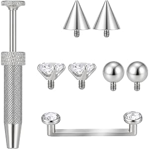 Dimioaoa 14G Titanium Surface Piercing Jewelry with 6 pcs Replacement Balls & Grabber Tool Double Crystal Internally Threaded