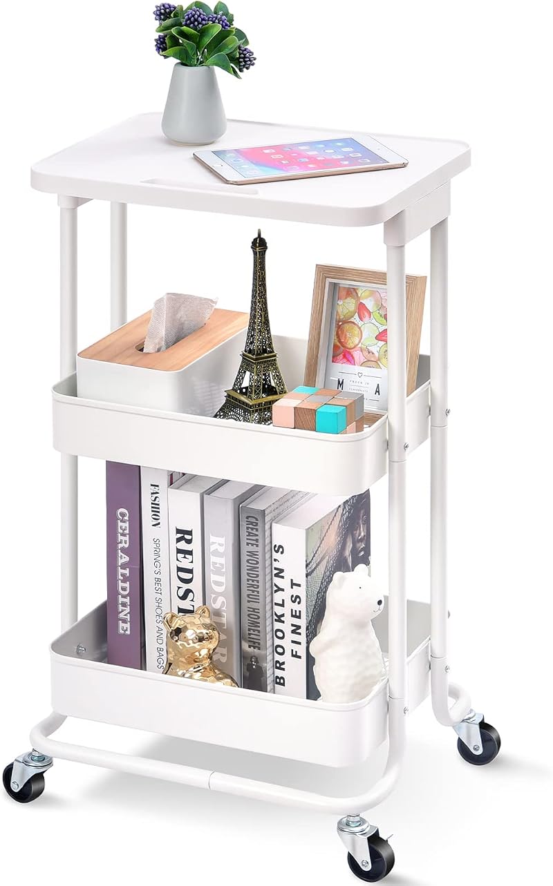 Urackify 3-Tier Metal Rolling Storage Cart with Plastic Top - White