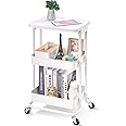 TOOLF 3-Tier Metal Rolling Storage Cart with Tabletop, Serving Rolling Utility Cart with Handle, Trolley Organizer with Lockable Wheels for Library Office Classroom Home Bedroom, White