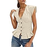 Cicy Bell Womens Deep V Neck Vest Tops Cap Sleeve Cropped Ruffle Shirts Button Up Cotton Fitted Blouse