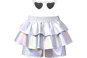 MIRAWISE Girls Pleated Metallic Shorts Shiny Sparkle Ruffle Scooter Skater Dance Elastic Waist Rave Pants with Sunglasses for 6-13Y