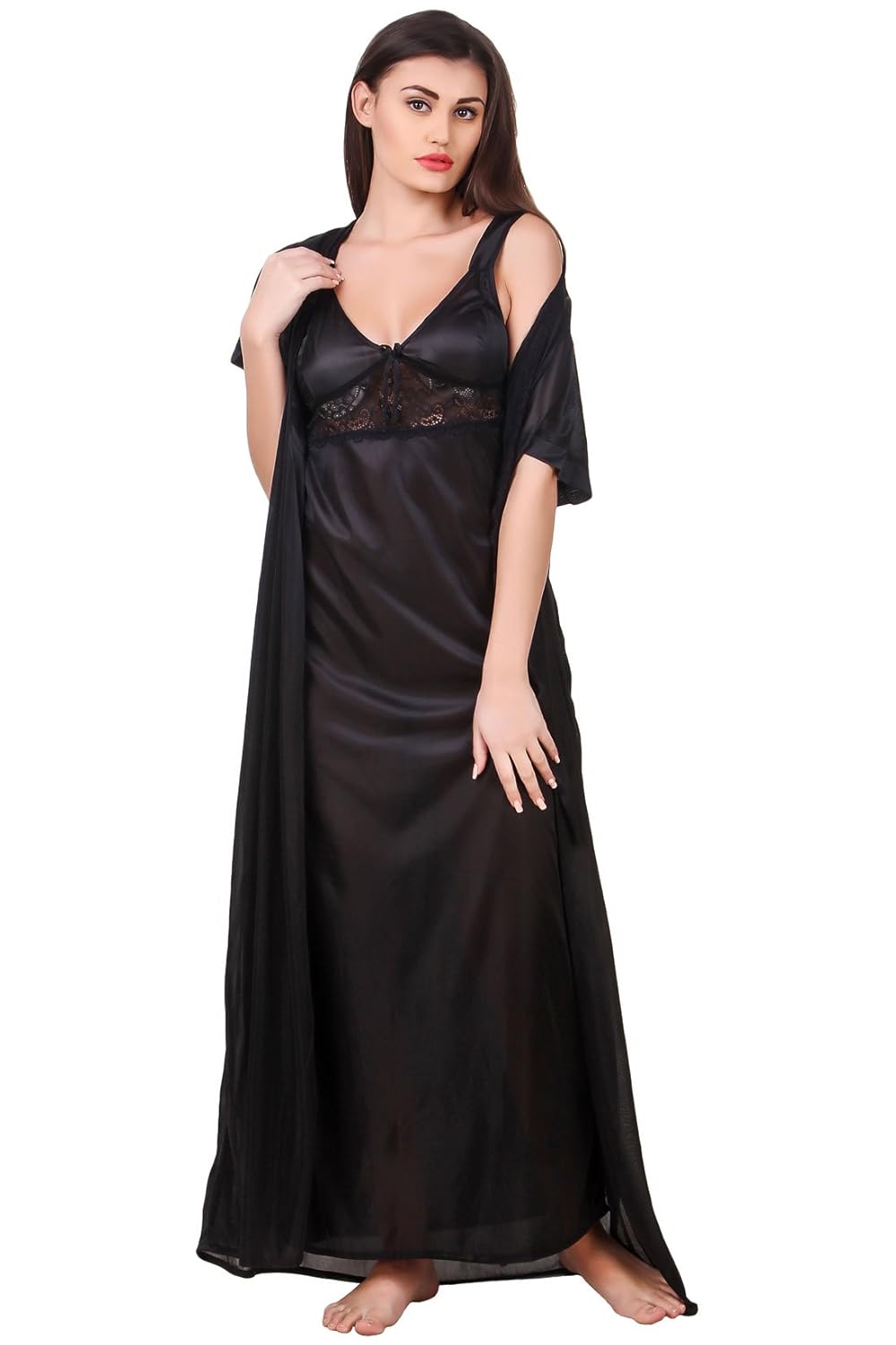 fasense women satin nightwear 2 pc set of nighty & wrap gown om007