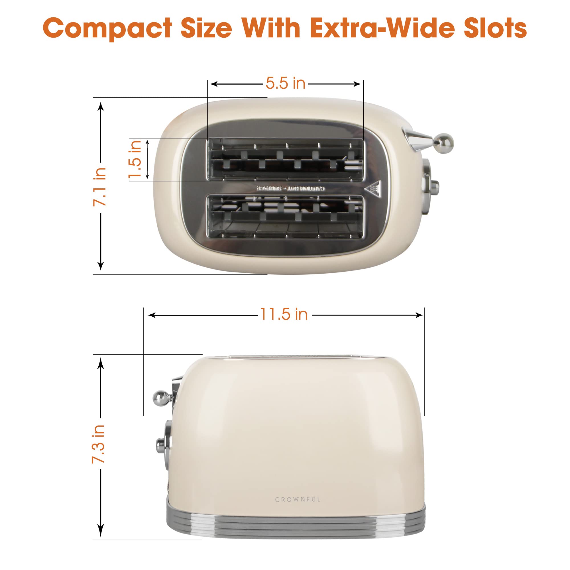 CROWNFUL 2-Slice Toaster, Extra Wide Slots Toaster, Retro Stainless Steel with Bagel, Cancel, Defrost, Reheat Function and 6-Shade Settings, Removal Crumb Tray, Cream