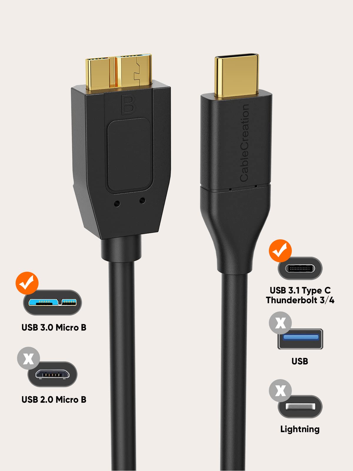 CableCreation 1FT USB C to Micro B Cable,10Gbps Speed External Hard Drive Braided,USB 3.1 Type C to Micro B Work for iPhone 15,16,Seagate WD Westgate My Passport,MacBook Pro/Air, iPad/Tablet,Black
