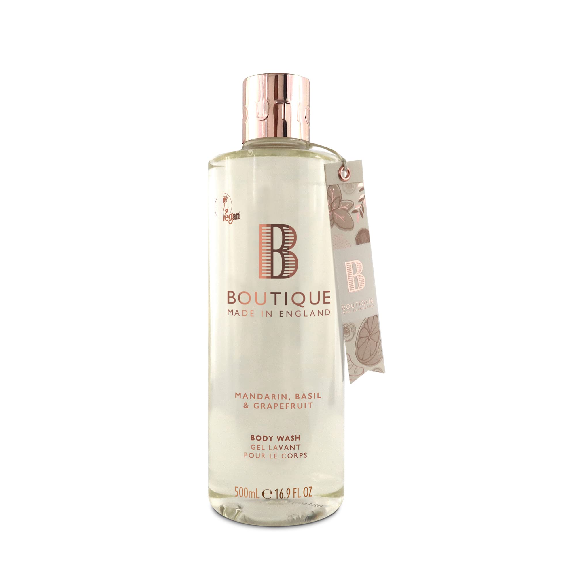 Boutique Mandarin, Basil & Grapefruit Fragrance Refreshing Body Wash 500ml - Relaxing Blend of Essential Oils - Vegan and Cruelty Free, No SLS or Parabens - Made In England