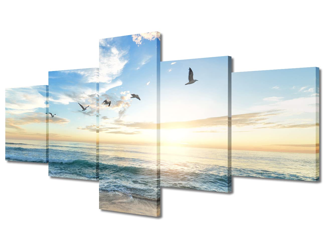 TISHIRON Wall Art Sunset Seaside Natural Scenery 5 Panel Ocean Seagulls Nature Pictures Artwork for Living Room Home Walls Decor Stretched and Framed Ready to Hang (50" Wx24 H)