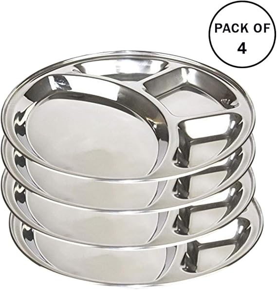 Pack of 4 Stainless Steel 4 Compartment Plate Food Divided plate Daily Use Mess tray