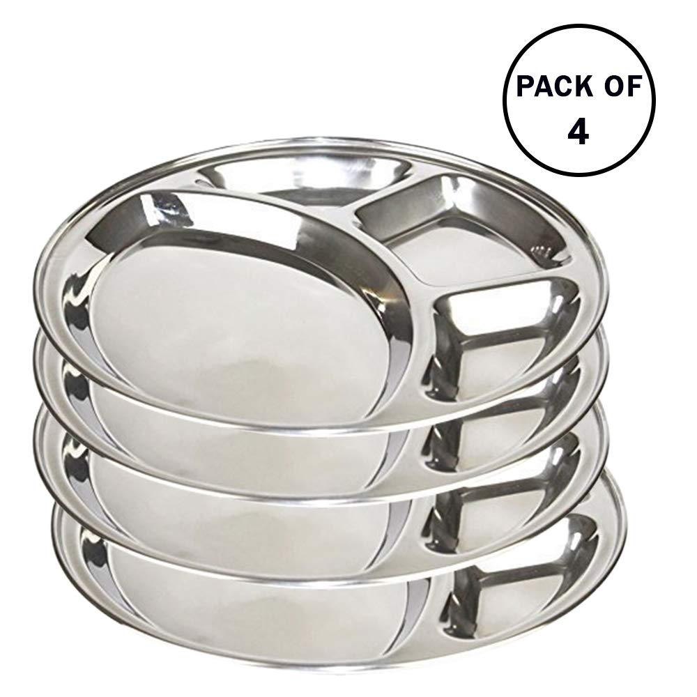 IndiaBigShop Stainless Steel Round Dining Plate 4 Compartment Thali, 11 Inch - Set 4