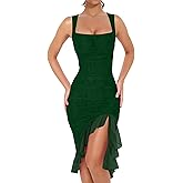 BORIFLORS Women's Sexy Ruched Bodycon Midi Dresses Square Neck Sleeveless Ruffle Hem Club Party Tank Dress