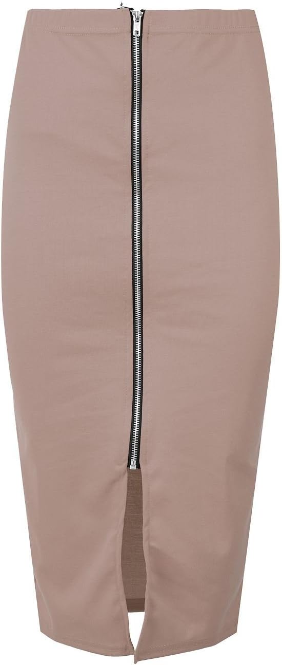 Womens Ladies Front Metal Zip Slit Split Cutout Stretchy Pencil Bodycon Tube Midi Skirt Plus Size UK 8-22