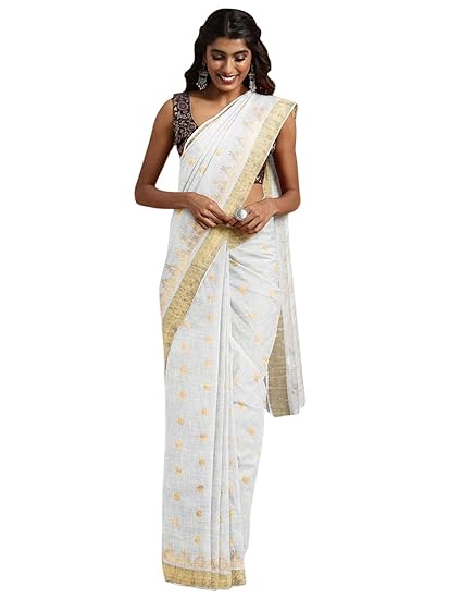 Women White Kasavu pure cotton Saree MK4381