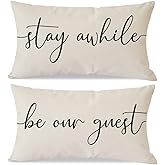 Pandicorn Farmhouse Pillow Covers 12x20 Set of 2 Stay Awhile Be Our Guest Pillow Rustic Decor Lumbar Pillow Covers Decorative Throw Pillows Cases for Living Room Bedroom Guest Room Décor