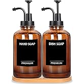 Amber 18 Oz Dish Soap Dispenser for Kitchen, Ultra-Thick Glass Soap Dispenser Set with Tray, Pump, Funnel for Bathroom, Liquid, Lotion, Shower, Laundry, (2 Pack with 12 Stickers)