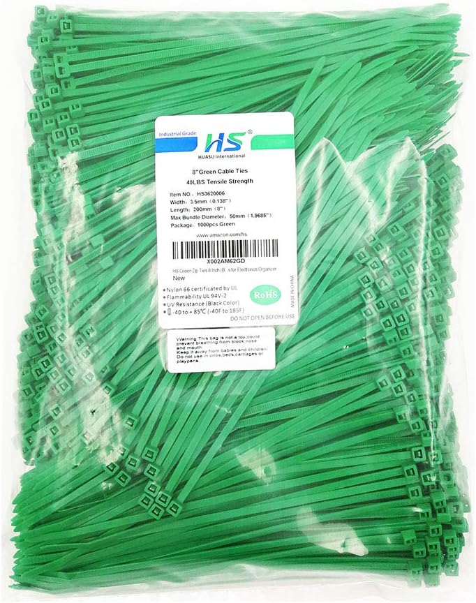HS Green Zip Ties 8 Inch (Bulk1000 Pack) Nylon Cable Ties 40 Lbs Self