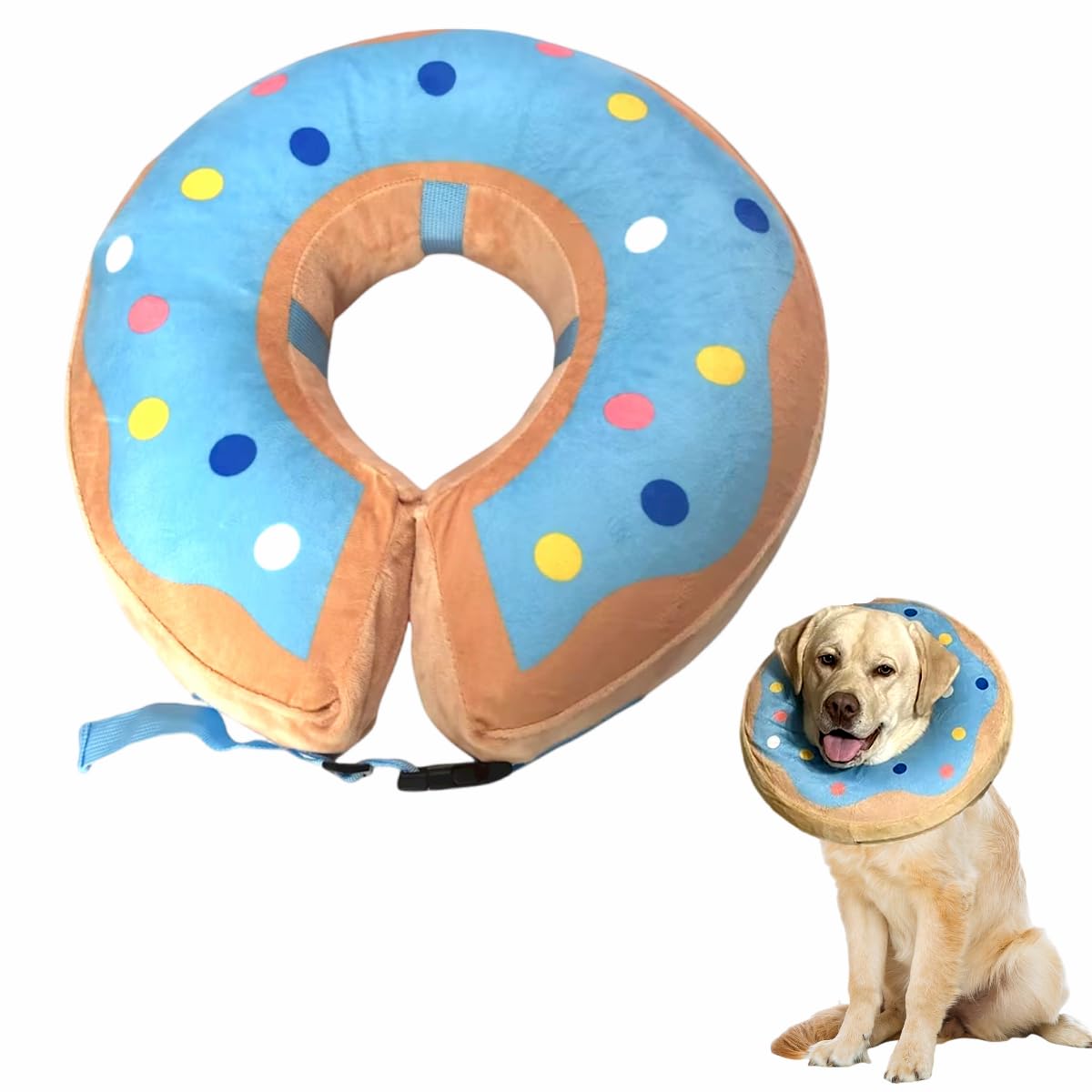 Little Bean Inflatable Dog Elizabethan Collar Soft Dog Cone Collar Soft Protective Recovery Pillow for Big Dogs Prevent Pet from Licking Biting Wound Healing (Blue Donuts, [neck: 16"-18.5"] XL)