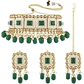 Aheli Traditional Ethnic Kundan Pearls Bridal Choker Necklace Earring with Maang Tikka Indian Bollywood Jewelry Set Gift for Women (Green)