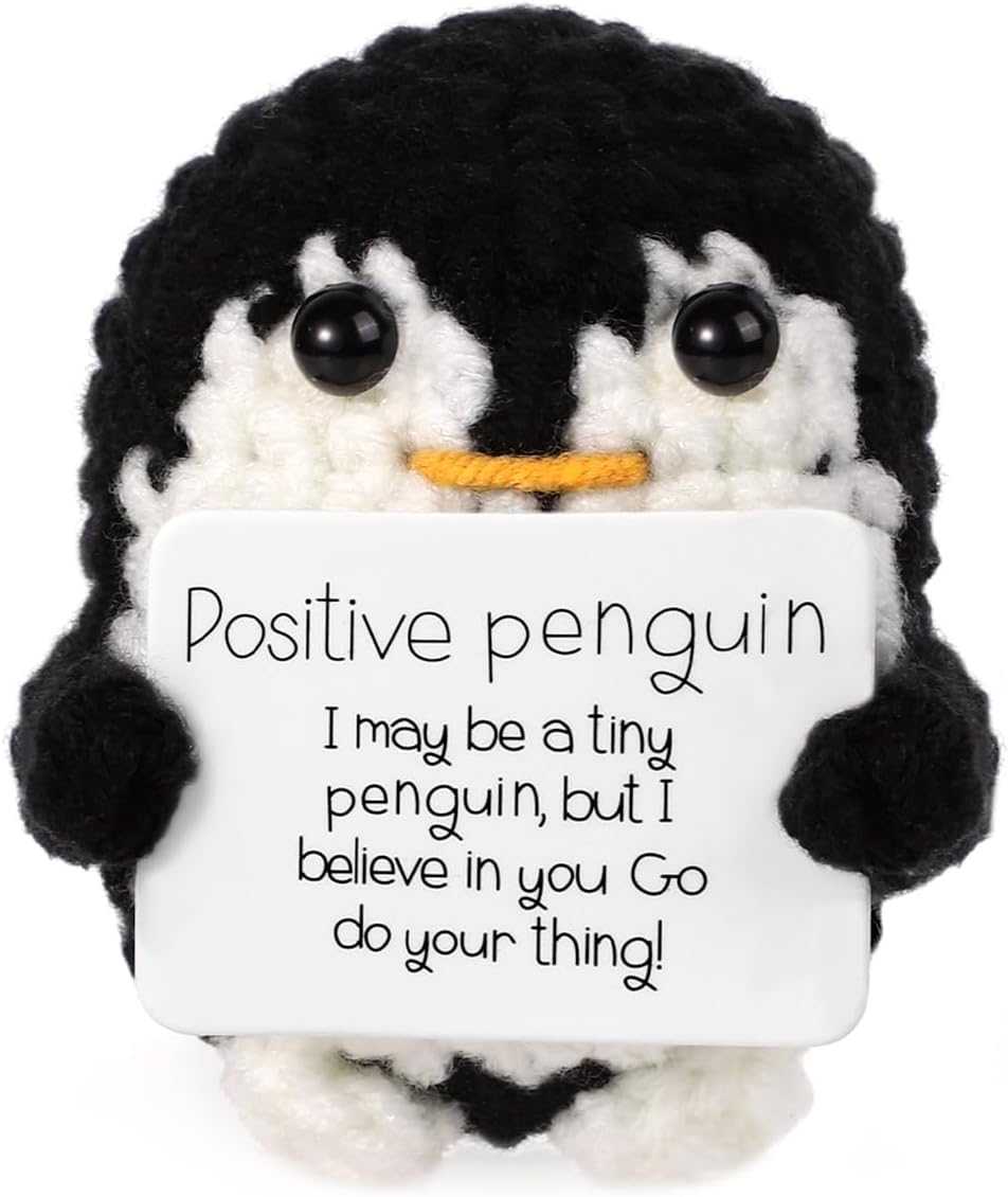 CAREOR Positive Penguin, 2.6 Inch Knitted Toy, Handmade Mini Funny Crochet Doll with Positive Cards, Encouraging Gift for Home & Office Decor (Black)