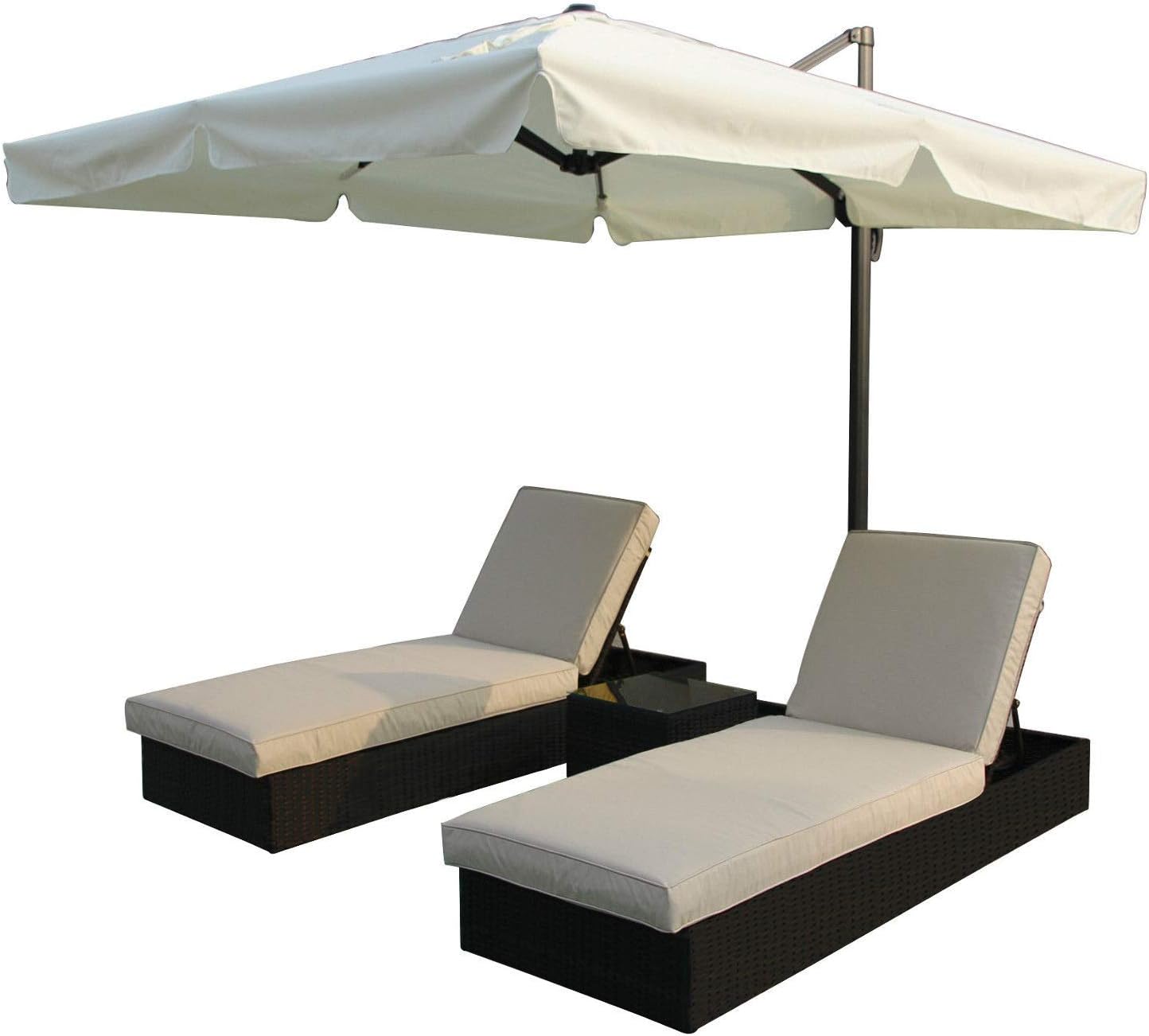 Rattan Sun Lounger,Garden Rattan Furniture Patio Day Recliner Bed Chair Set 3 PC with Side Table,Patio Outdoor Wicker Adjustable Head Height-Dark Brown