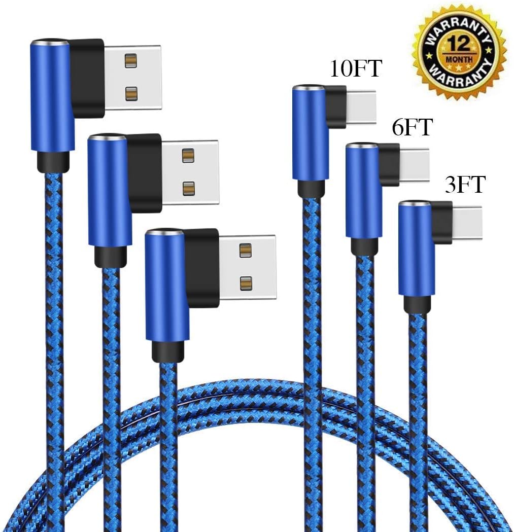 CTREEY Compatible for USB Type C Cable Right Angle, 90 Degree [3 Pack 3ft 6ft 10ft] 2.0 Fast Charger Nylon Braided Cord for Samsung Galaxy S9 S8 Plus Note 9 8,Google Pixel XL,Moto Z Z2,LG V30