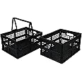 Hommp 2-Pack Collapsible Plastic Crate, 15 L Stackable Folding Crates with Handle, Black
