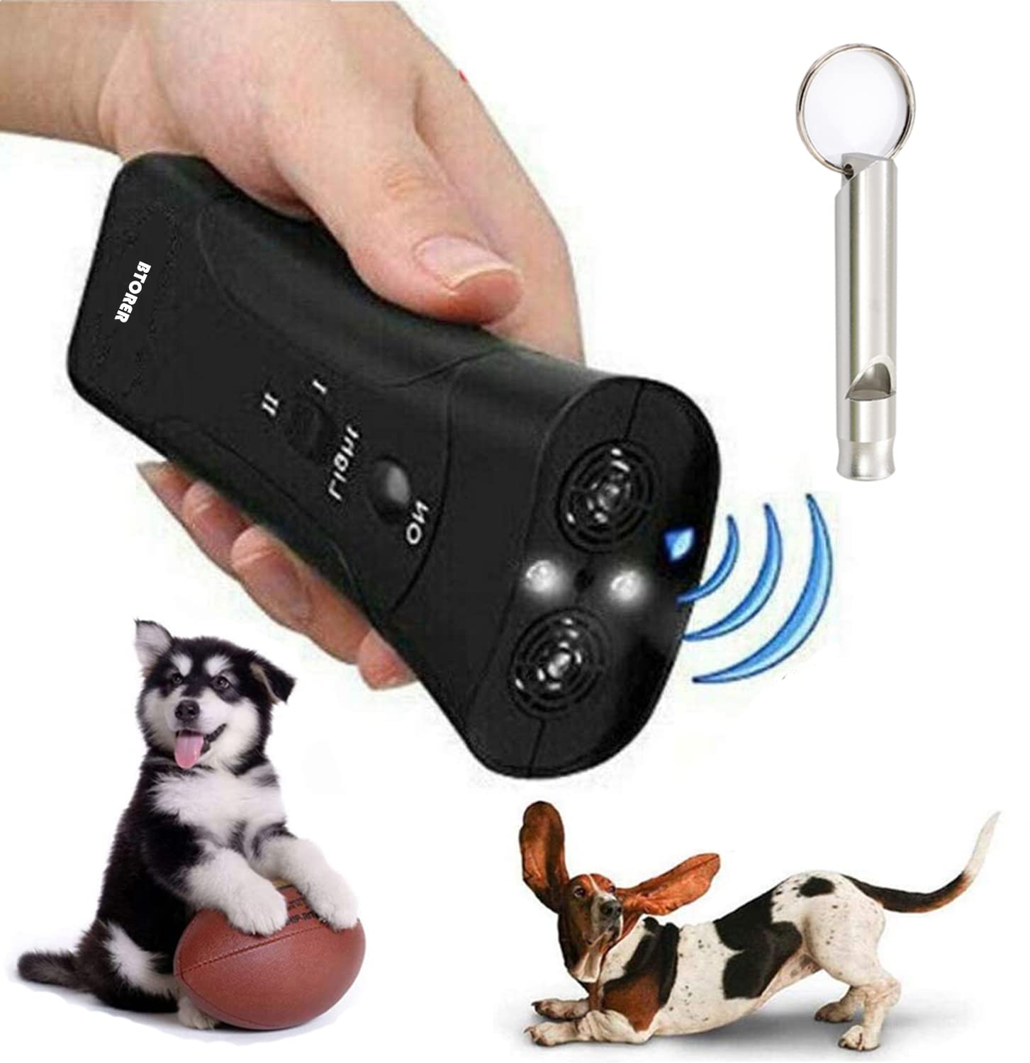 BTORER Dog Barking Control Devices Dual Sensor Anti Barking Device with Training/Deterrent Modes Dog Whistle to Stop Barking Ultrasonic Dog Barking Deterrent Silencer with LED Flashlight