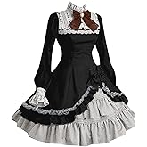Womens Lolita Gothic Dress Vintage Bow Ruffle Steampunk Renaissance Dress Long Sleeve Short Masquerade Dresses