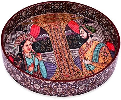 Home Tunes Wooden King and Queen Design Round Tray with Enamel Polish (Multicolour)