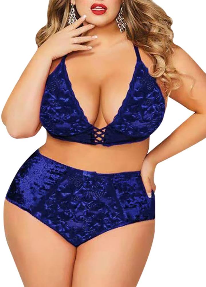 Plus Size Lingerie Set for Women, Sexy Crushed Velvet Mesh Lace Up Halter Bralette & High Waist Panty