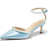 Coutgo Womens Pearl Kitten Heels Closed Pointed Toe Wedding Bride Dress Shoes Ankle Strap Satin Pumps